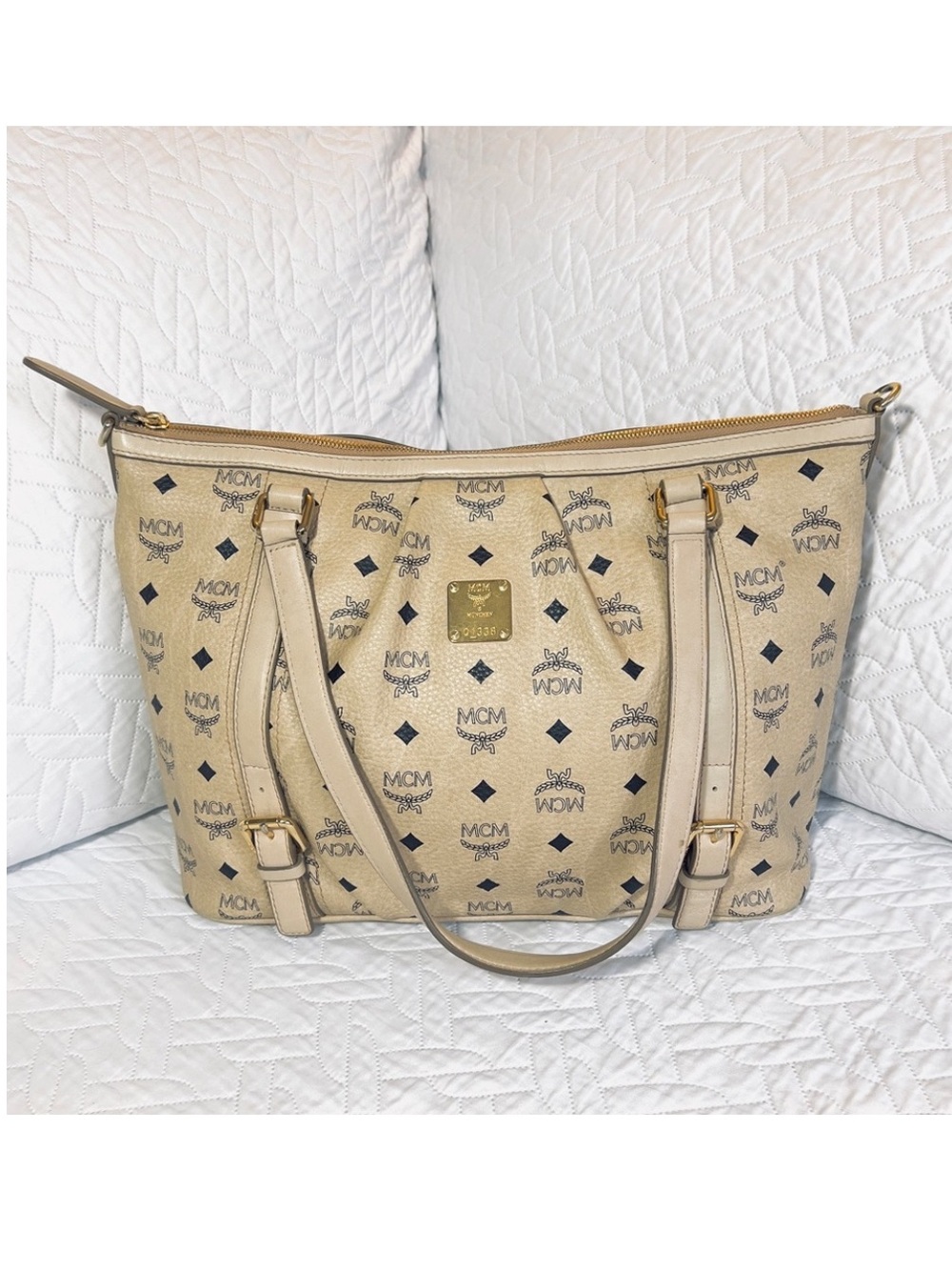 Authentic MCM Beige Leather Black Monogram Shoulder Bag Purse W/ Orig. Auth Card